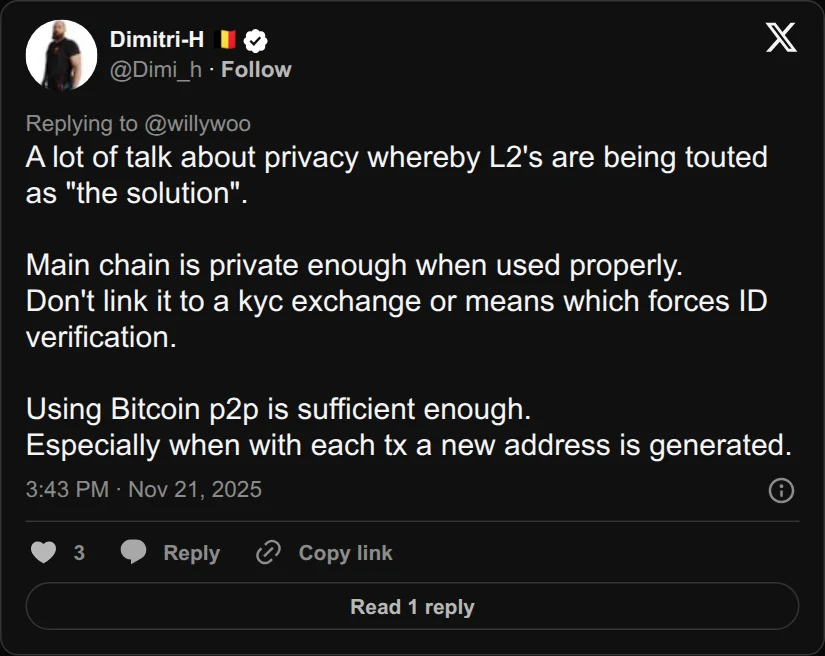 Archival rendering of an X post by Dimitri-H 🇧🇪: “A lot of talk about privacy whereby L2's are being touted as "the solution". Main chain is private enough when used properly. Don't link…”