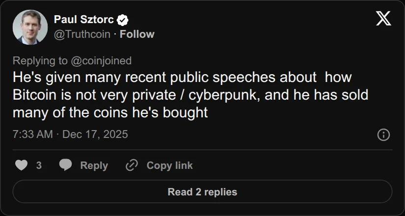 Archival rendering of an X post by Paul Sztorc: “@coinjoined He's given many recent public speeches about how Bitcoin is not very private / cyberpunk, and he has sold many of the coins he's bought”