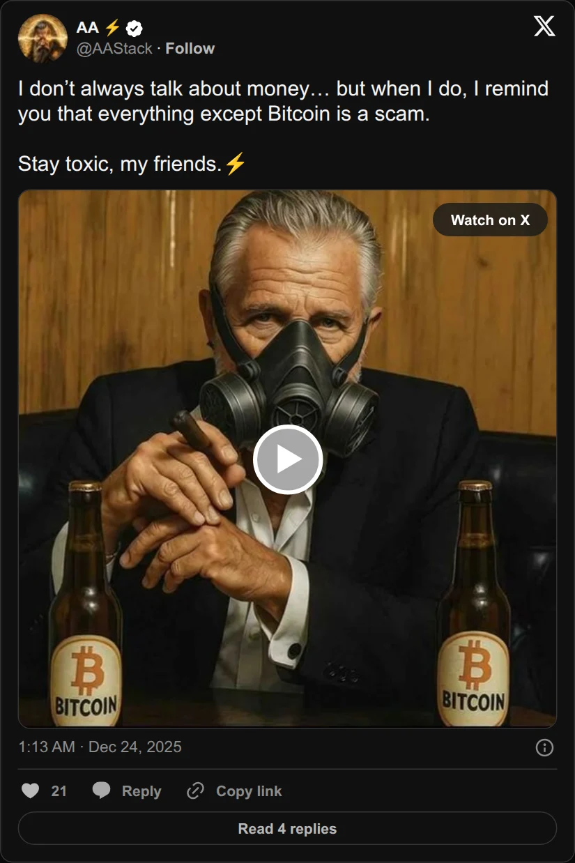 Archival rendering of an X post by AA ⚡️: “I don’t always talk about money… but when I do, I remind you that everything except Bitcoin is a scam. Stay toxic, my friends.⚡️”