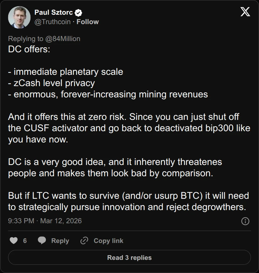 Archival rendering of an X post by Paul Sztorc: “@84Million @DavidBurkett38 @SatoshiLite @MASTERBTCLTC DC offers: - immediate planetary scale - zCash level privacy - enormous, forever-increasing mining revenues And it offers this at zero risk. Since you can just shut off the CUSF activator and go back to deactivated bip300 like you have now. DC is a very good idea, and it”