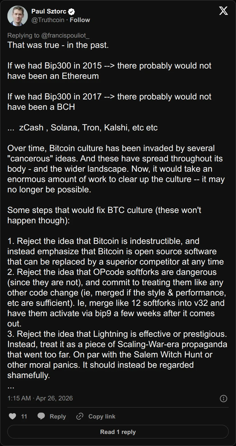 Archival rendering of an X post by Paul Sztorc: “@francispouliot_ That was true - in the past. If we had Bip300 in 2015 --> there probably would not have been an Ethereum If we had Bip300 in 2017 --> there probably would not have been a BCH ... zCash , Solana, Tron, Kalshi, etc etc Over time, Bitcoin culture has been invaded by several”